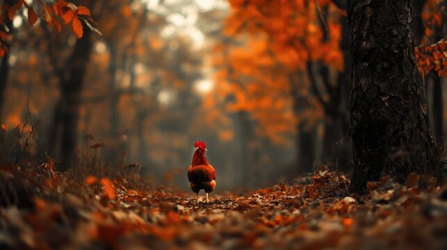 Chicken walking down a forest path surrounded by autumn foliage in a blurred background Copy Space