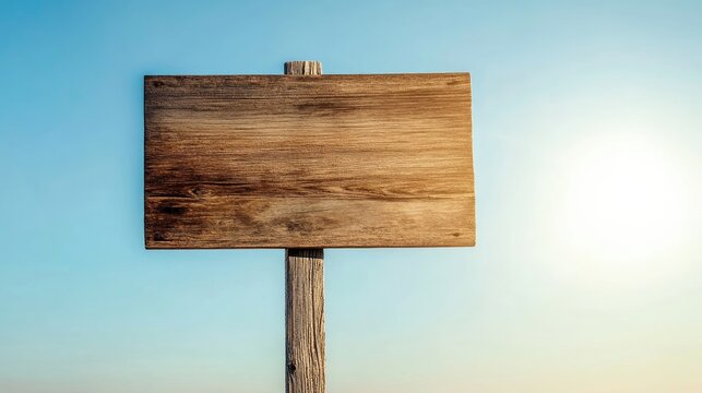 Blank wooden sign on a post against a clear blue sky with sunlight, Copy Space available for text insertion