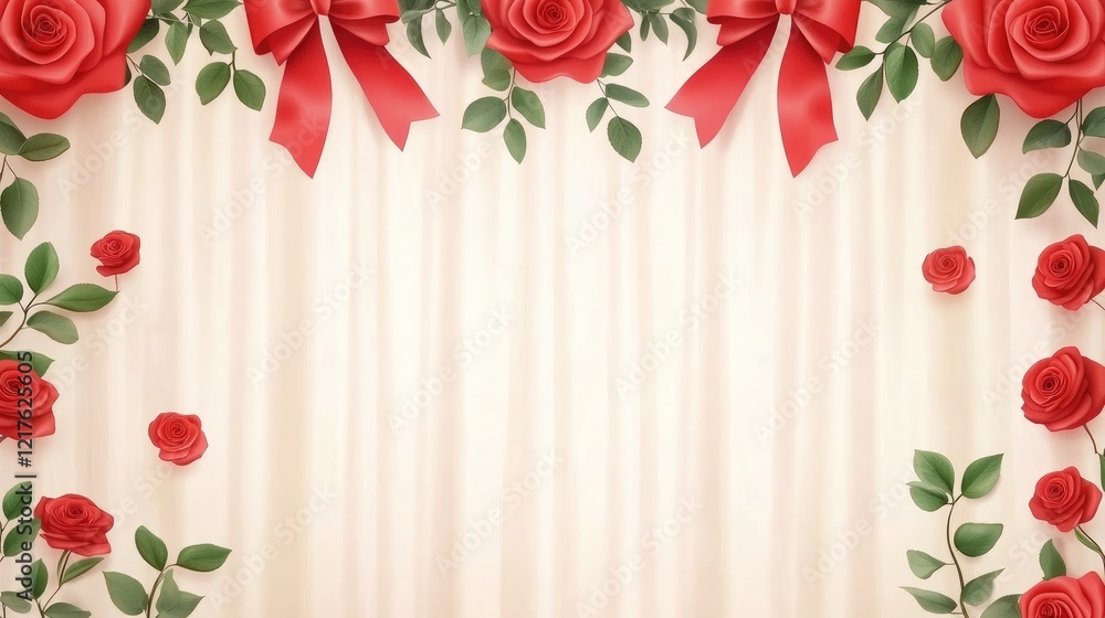 Poster floral frame with red roses and ribbons on cream colored background with copy space for text inserti