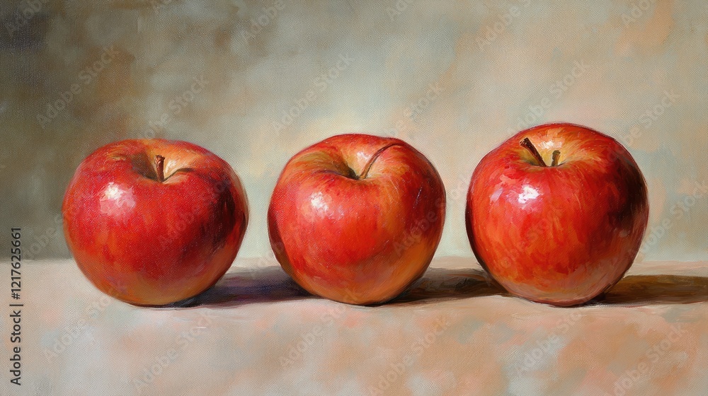 Poster three red apples arranged in a row with soft focus background and ample copy space for text placemen