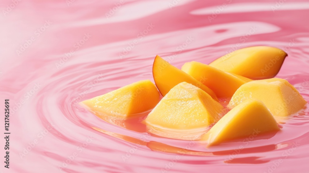 Poster fresh mango slices floating in pink water creating a vibrant and colorful abstract background with c