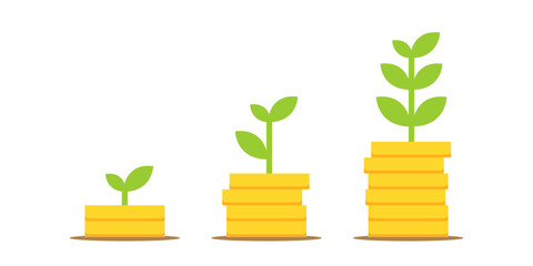 Money grow icon with plant leaf and coin. Flat color editable vector illustration. 