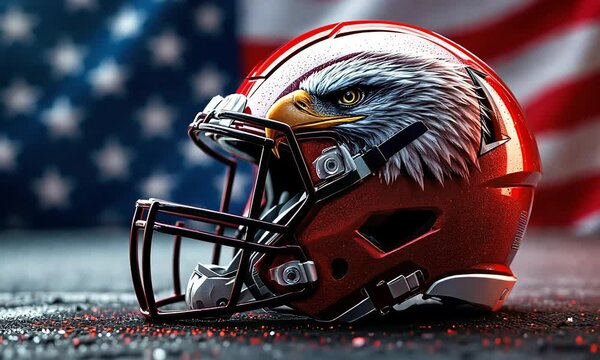 Red American football helmet with an eagle design rests on a textured surface against a blurred US flag backdrop sporting patriotic video ry