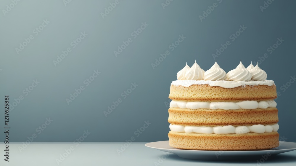 Poster layered vanilla cake with cream frosting on a white plate against a gradient background with ample c