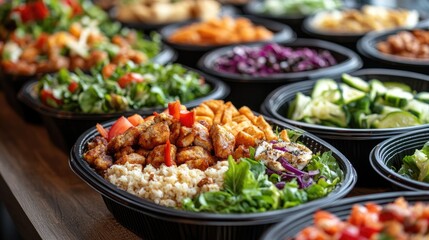 Variety of colorful healthy food bowls with fresh ingredients and grains displayed on a wooden table Copy Space
