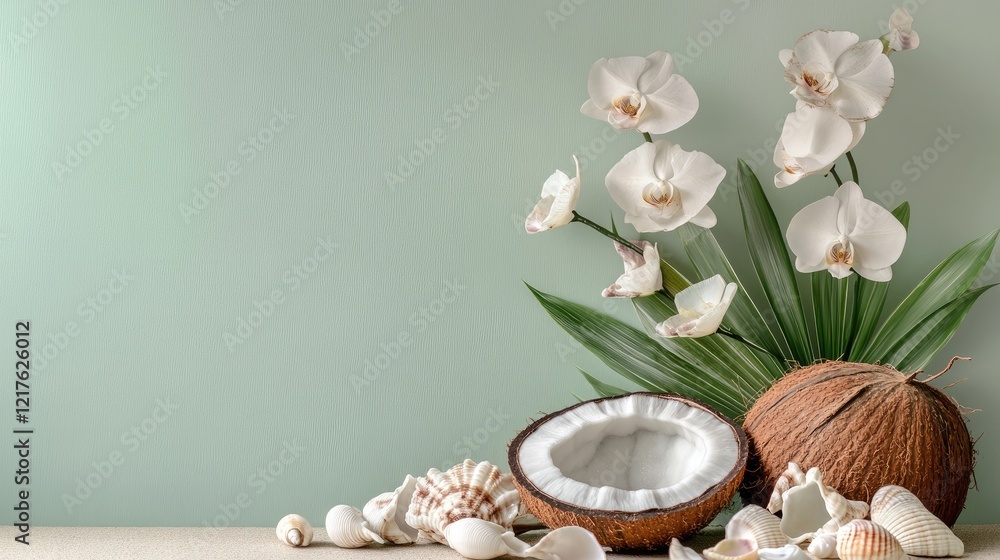 Poster orchids and seashells composition on a neutral background with coconut shell and palm leaves copy sp