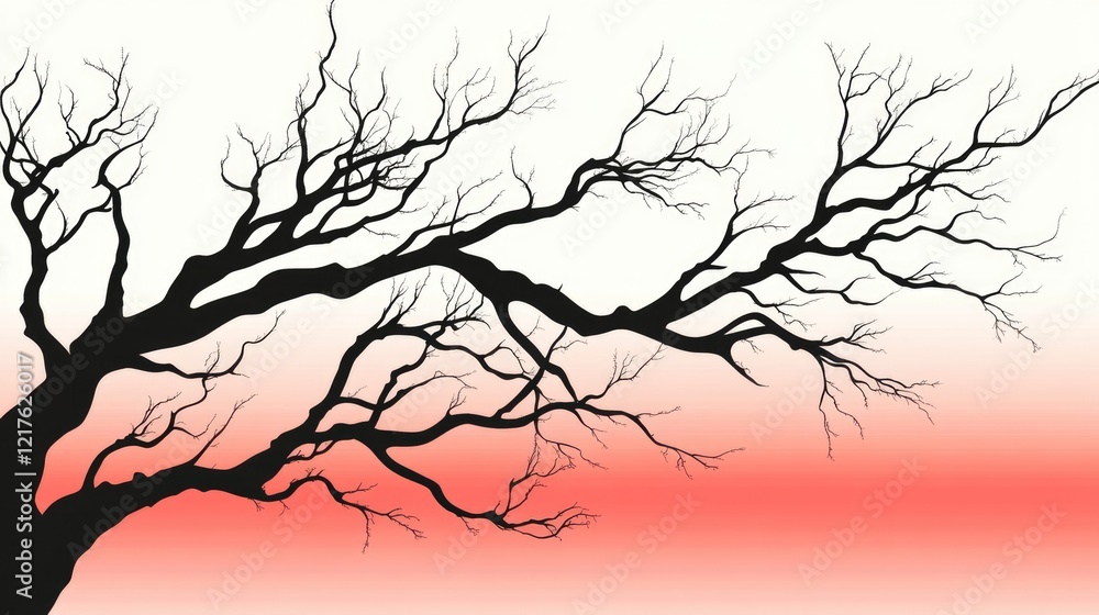 Poster silhouette of leafless tree branches against a gradient red and white background with copy space