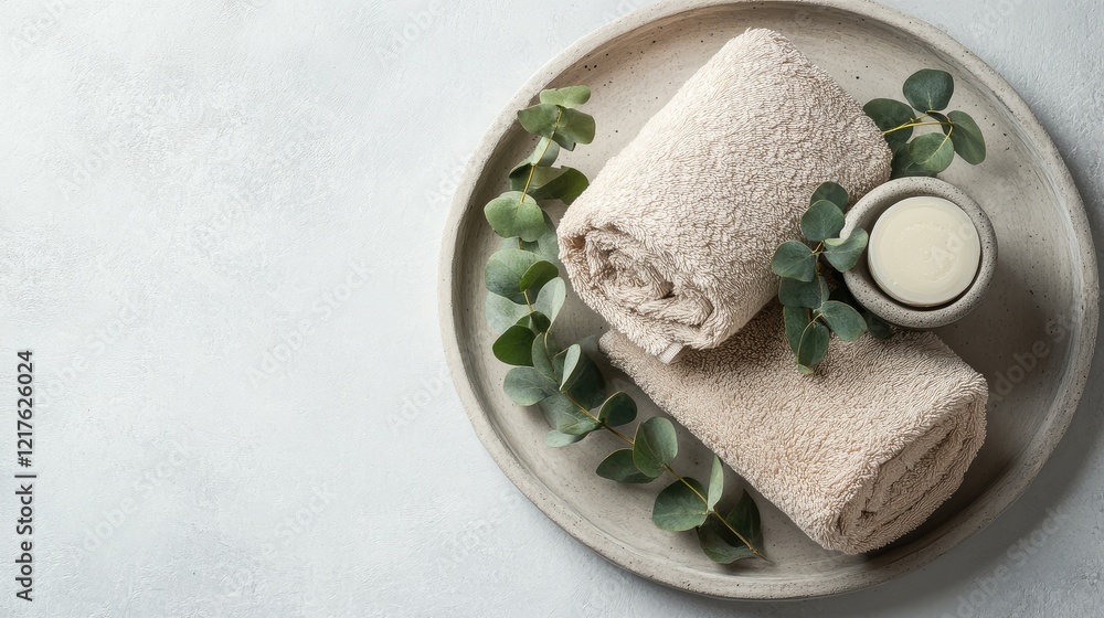 Poster spa setting with rolled towels and natural elements on a round plate with copy space for text