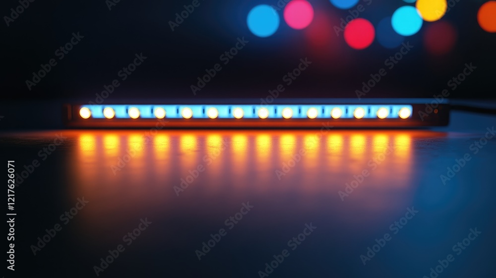 Poster led light strip with blue and orange illumination on dark surface with blurred colorful bokeh in bac