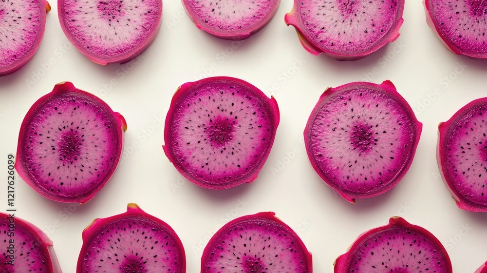 Poster sliced dragon fruit pieces arranged in a pattern on a light background with copy space for text plac