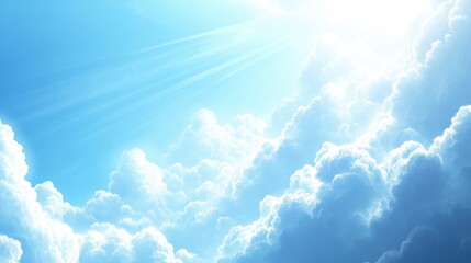 Blue sky with fluffy white clouds and sun rays creating a bright atmosphere Copy Space