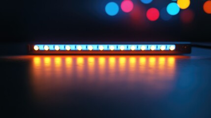 LED light strip with blue and orange illumination on dark surface with blurred colorful bokeh in background Copy Space