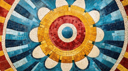 Colorful mosaic pattern featuring concentric circles and floral designs with vibrant hues of blue, red, yellow, and cream Copy Space