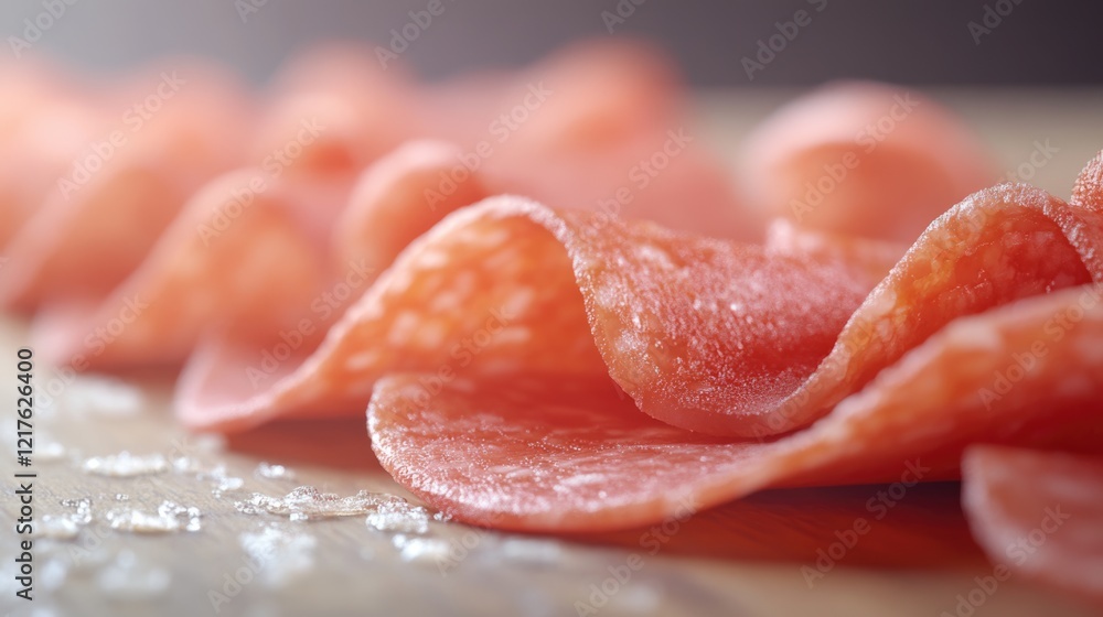Poster Sliced cured meat with visible texture arranged on wooden surface with salt granules in foreground and soft focus background Copy Space