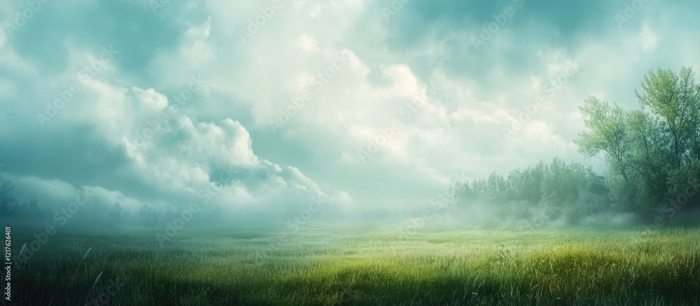 Poster mist-covered field landscape with soft clouds and distant trees under a blue sky copy space