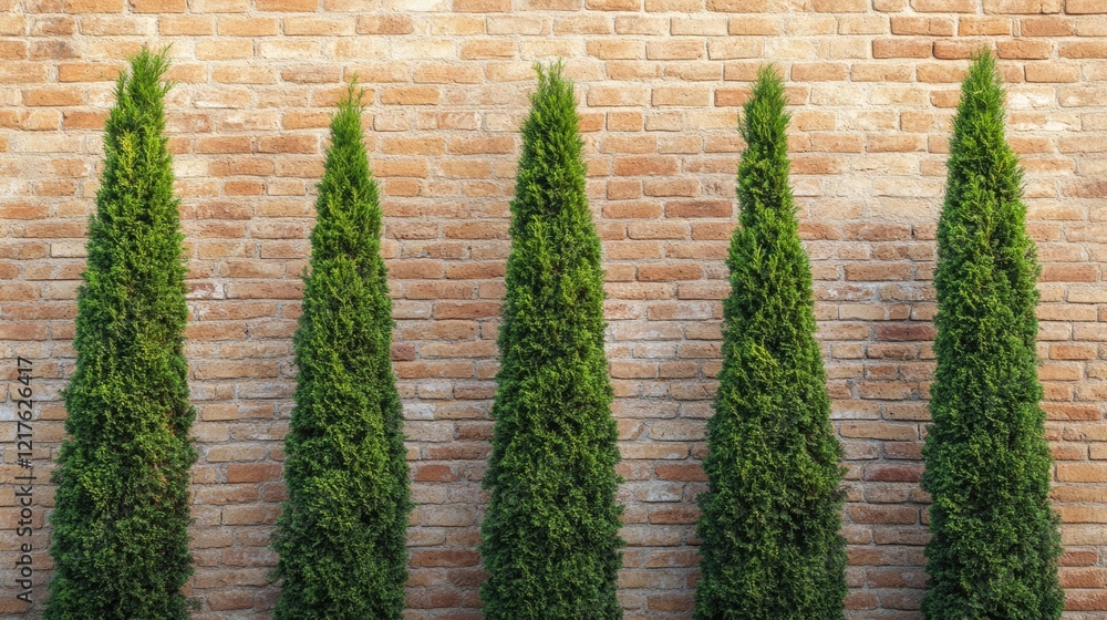 Poster green conifer trees in a row against a rustic brick wall with textured surface and copy space for la