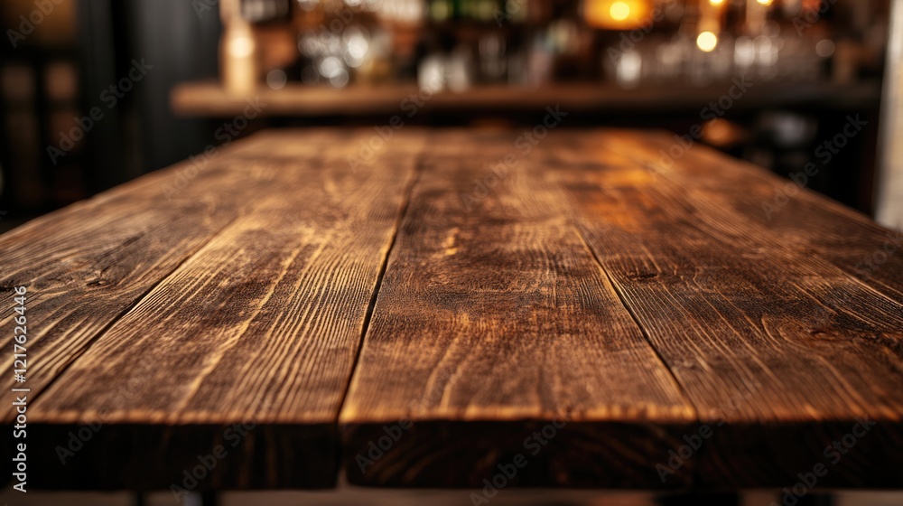 Poster wooden table surface with rich grain in a rustic setting featuring a blurred background with warm li