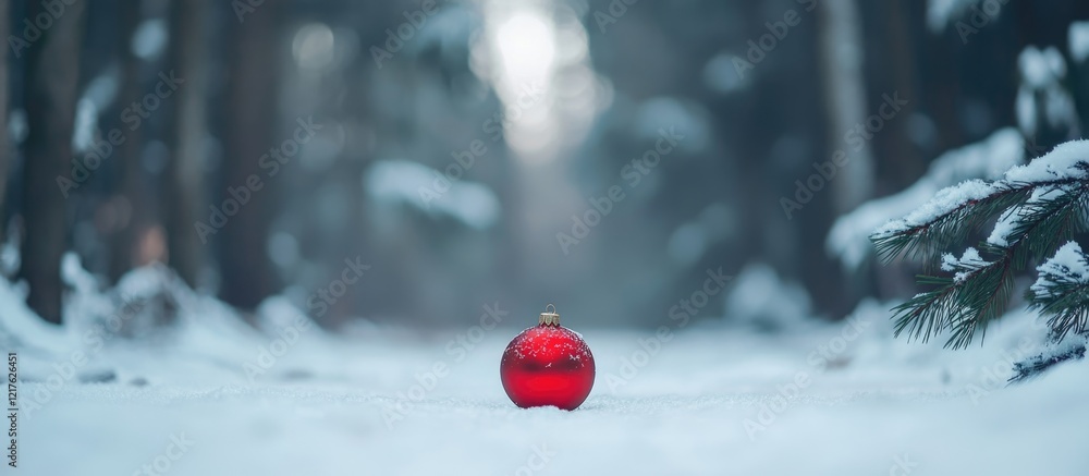 Poster red christmas ornament on snow-covered ground in a forest setting with trees in background and soft 