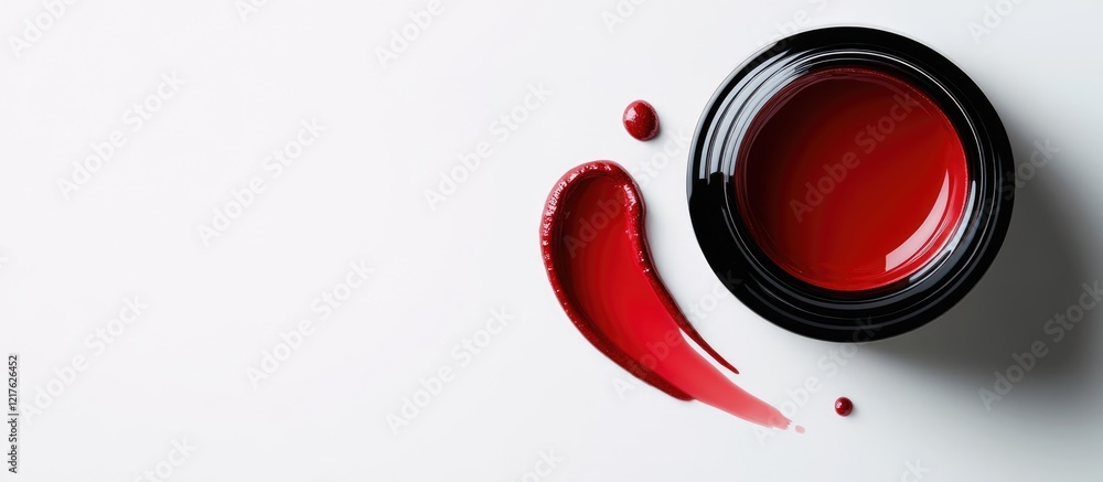 Poster red paint in a black container with a spill on a white background offering copy space for text place