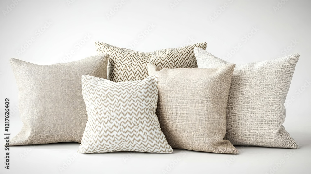 Aufkleber assorted decorative pillows in neutral colors arranged on a white background with copy space for tex
