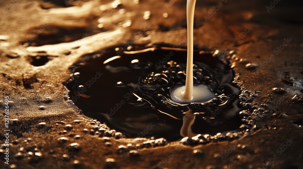 Poster pouring cream into a dark liquid creating ripples and bubbles on a textured surface with warm lighti