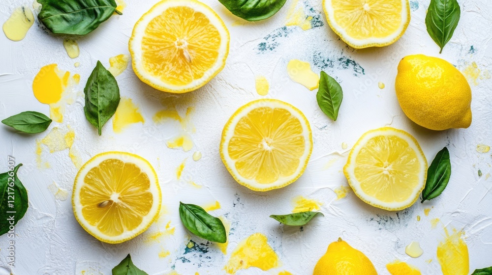 Poster sliced lemons and fresh basil leaves arranged on a white textured background with vibrant colors and