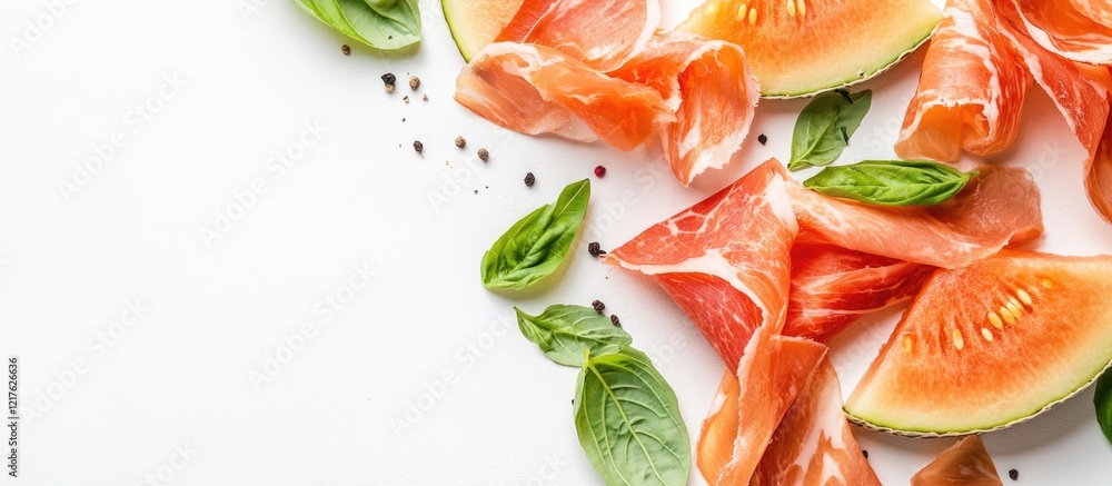 Poster fresh watermelon slices with prosciutto and basil leaves on white background with copy space for tex
