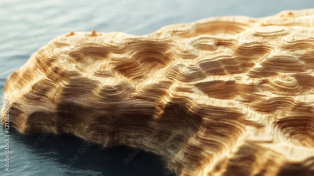 Poster textured wooden surface with intricate patterns and rippling effect over a calm body of water copy s