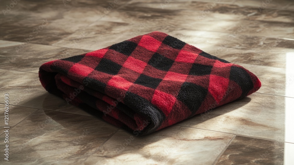 Poster plush red and black checkered blanket neatly folded on a textured floor with natural light and copy 