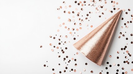Rose gold party hat with scattered confetti on white background Copy Space