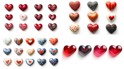 Fototapeta premium ? A set of decorative love-themed magnets shaped like hearts isolated on white background in HD