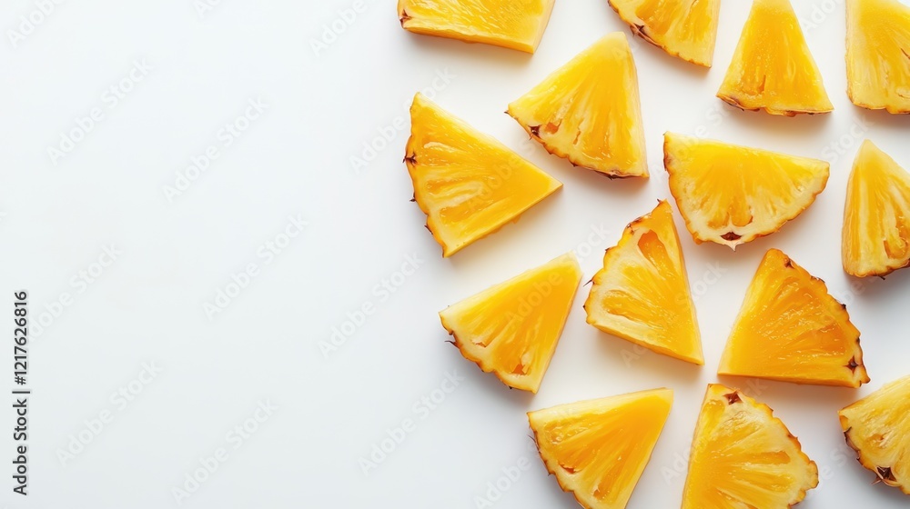 Poster freshly sliced pineapple pieces arranged in a circular pattern on a white background with copy space