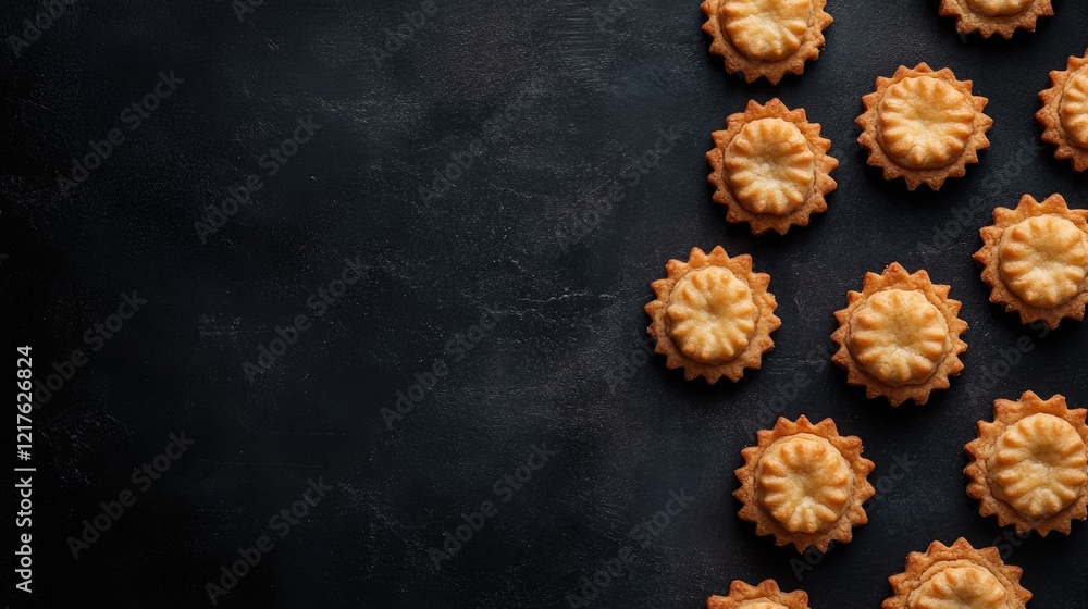 Poster baked cookies arranged in a diagonal pattern on a dark textured background with copy space for text 
