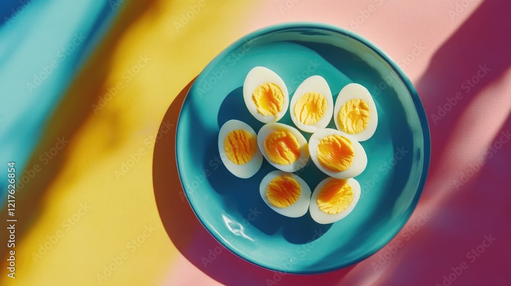 Poster sliced boiled eggs arranged on a teal plate with colorful background and copy space for text