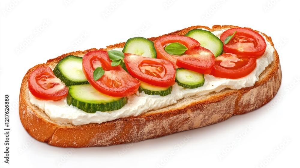 Poster freshly prepared open-faced sandwich topped with sliced tomatoes and cucumbers on a rustic bread bas