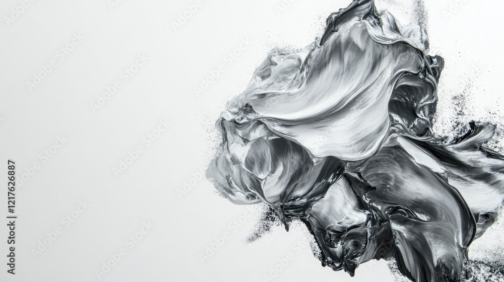 Poster abstract gray-black fluid paint texture with dynamic swirls and copy space for text on light backgro