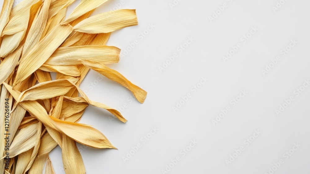 Poster dried corn husks arranged on a white background with copy space for text placement