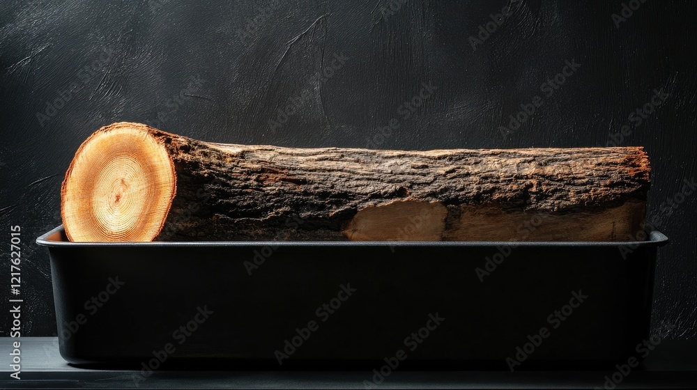 Poster log placed in a black metal tray against a dark textured background with copy space for text placeme