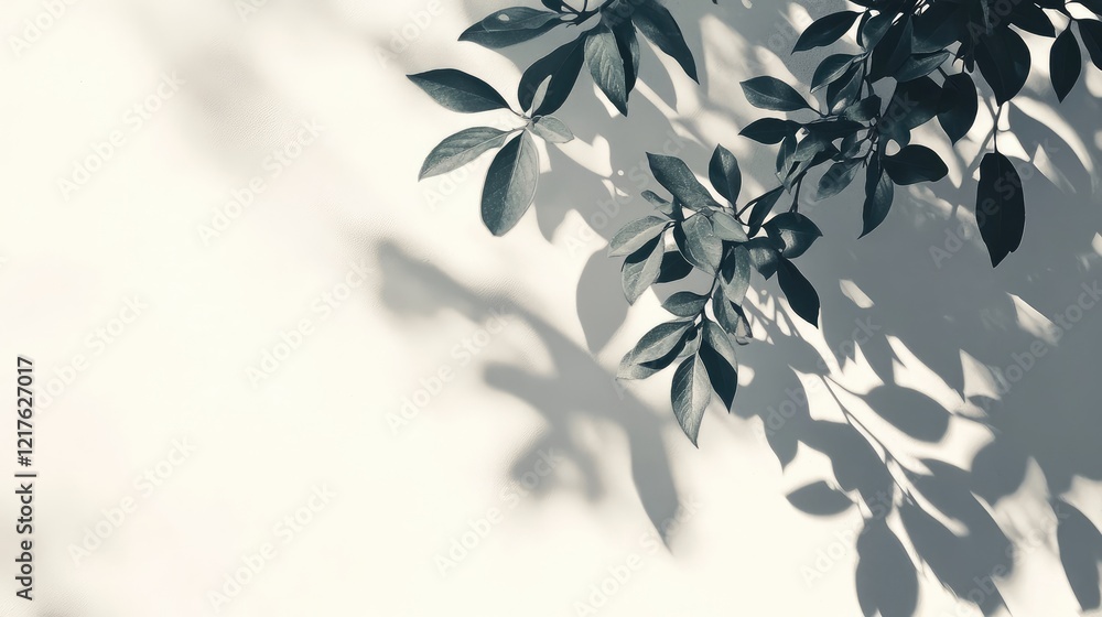 Poster leaves casting shadows on a light wall with soft lighting and ample copy space for text placement.