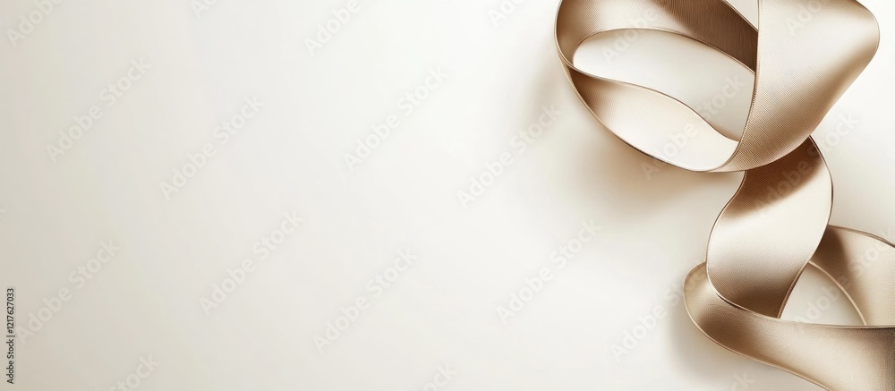 Poster beige satin ribbon on light beige background with copy space for text or design elements