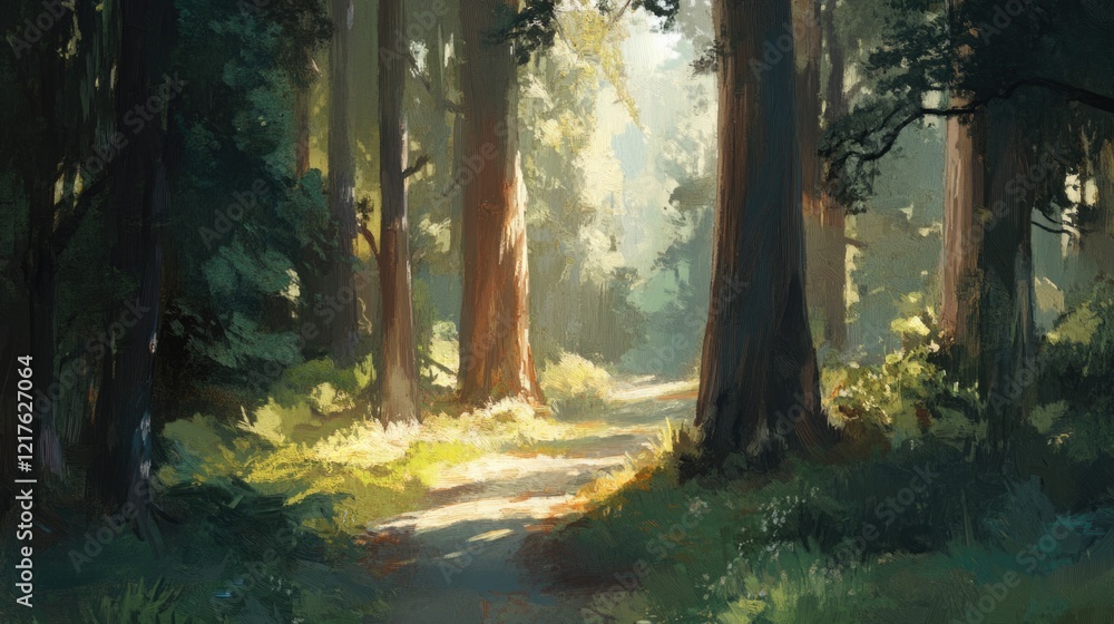 Poster forest pathway with soft light filtering through trees and lush green underbrush copy space