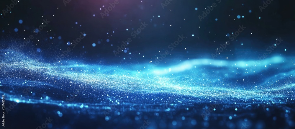 Poster abstract blue glowing wave with sparkling particles in dark background copy space.