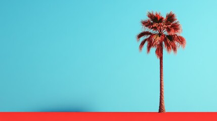 Obraz premium Palm tree against a bright blue sky with a vibrant red foreground Copy Space available for text placement