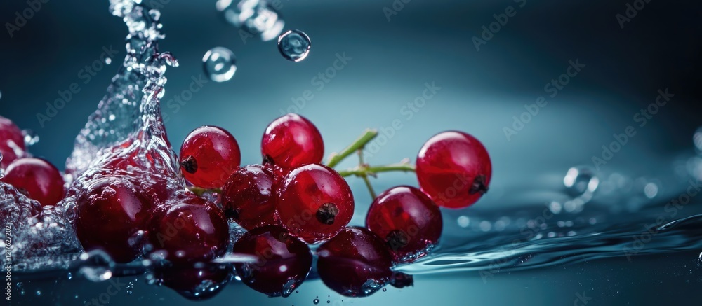 Poster fresh red currants splashing in water with droplets creating ripples and bubbles in a blue backgroun