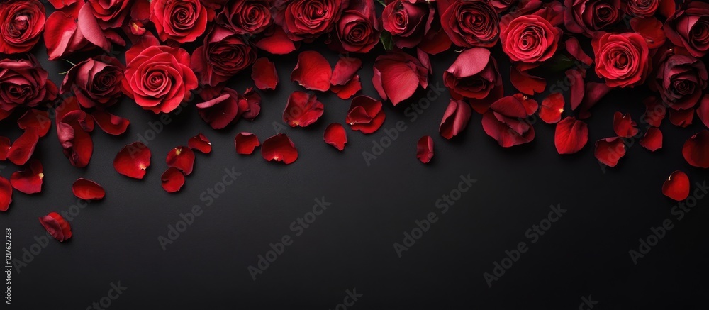 Poster roses and petals arrangement on black background with copy space for text display