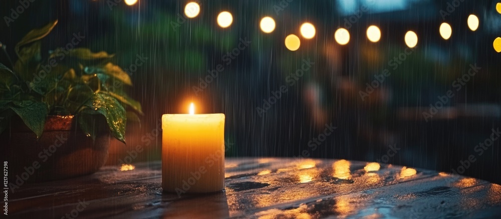 Aufkleber candle on a wet wooden table with raindrops and blurred string lights in the background copy space