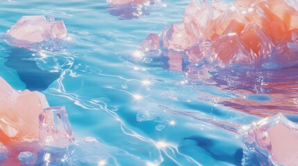 Fototapeta premium Colorful crystals in sparkling blue water with light reflections and highlights Copy Space