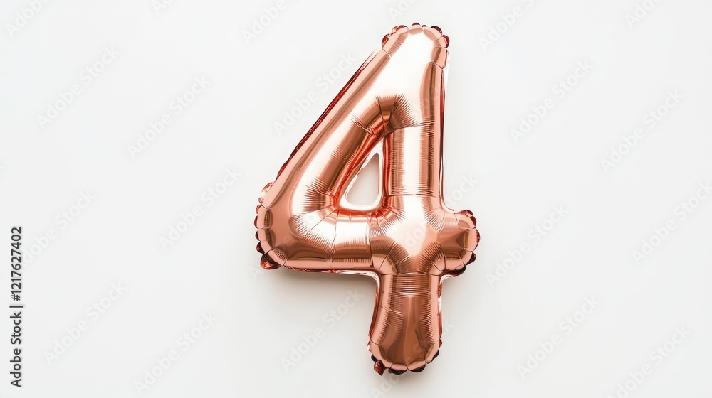 Poster rose gold number four balloon on a white background with copy space for text or design elements