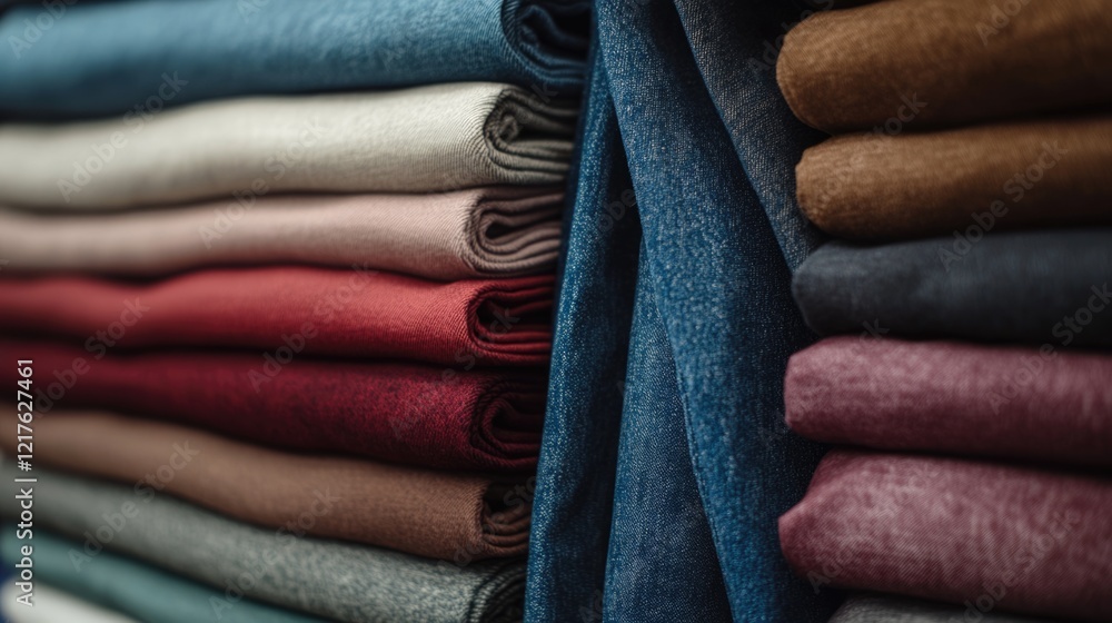 Poster colorful folded textiles stack with various shades and textures showcasing fabric patterns and copy 