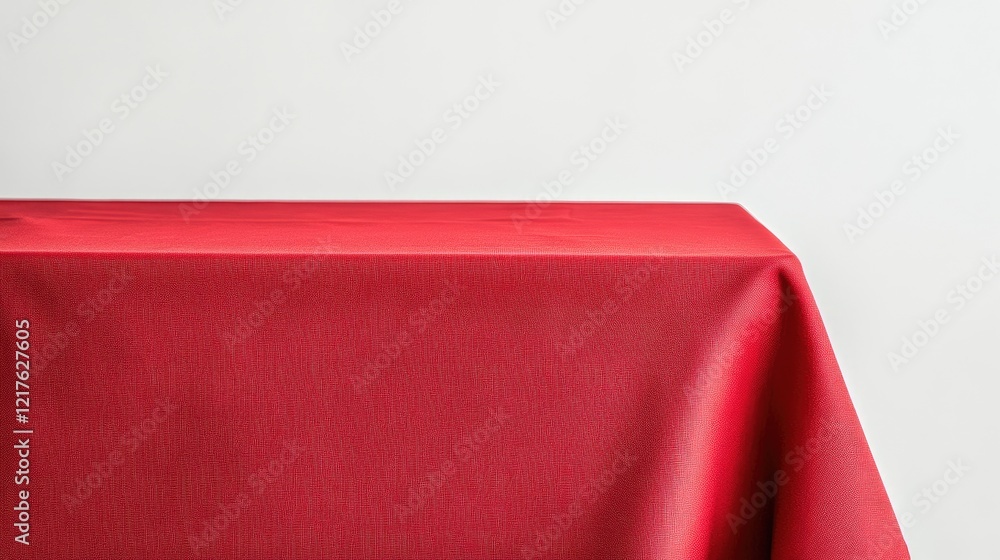 Poster red tablecloth draped over a table with plain white wall background and ample copy space for text pl